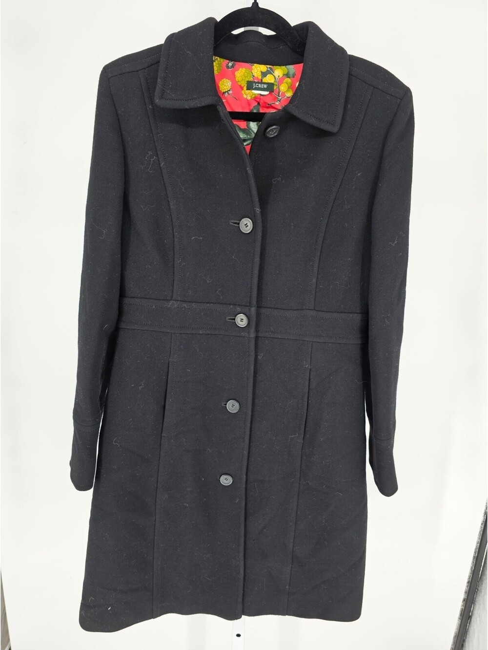 VTG J. Crew Lady Day Wool Coat Floral Lined Button Classic Black Women 6